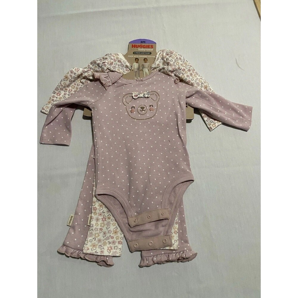 Huggie Baby wear 4 Piece Layette Set Girls 3m Organic Cotton Snaps Floral Bow